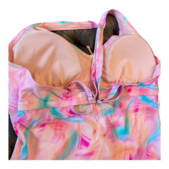 California Waves Trendy Tie-Dye Drawstring Tankini Top Multi Pink Size 20/22 - Picture 3 of 10